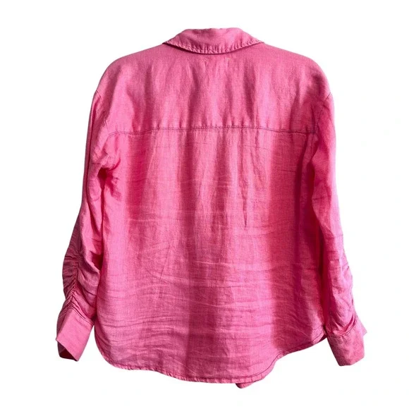 Anthropologie Maeve Linen Ruched Sleeve Button Down Shirt Pink XXS - Picture 4 of 11